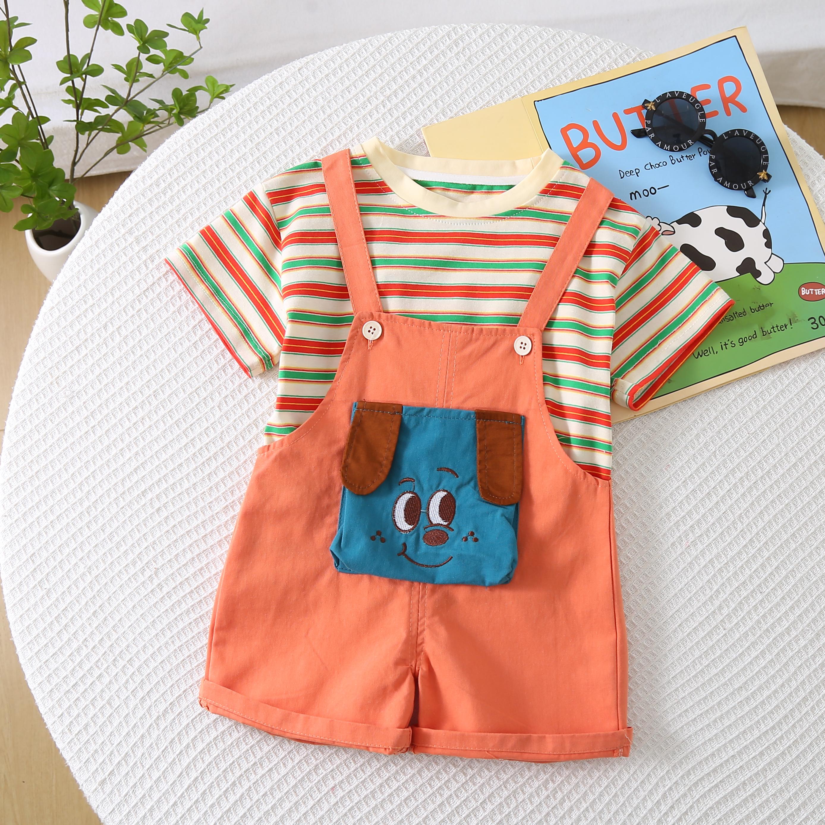 

Комплект из 2 предметов для мальчиков из хлопка - Полосатый топ с коротким рукавом и круглым вырезом + Комбинезон с мультяшным псом - Высококачественная детская одежда -S-XXL S оранжевый