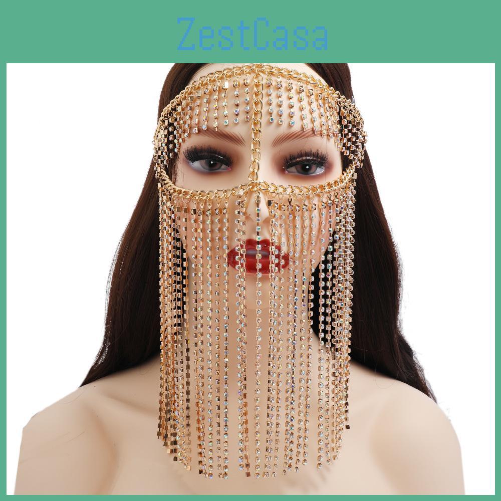 Fashion Rhinestone Decoration With Tassel Design Women Headwear Face Curtain For Nightclub Party And Performance