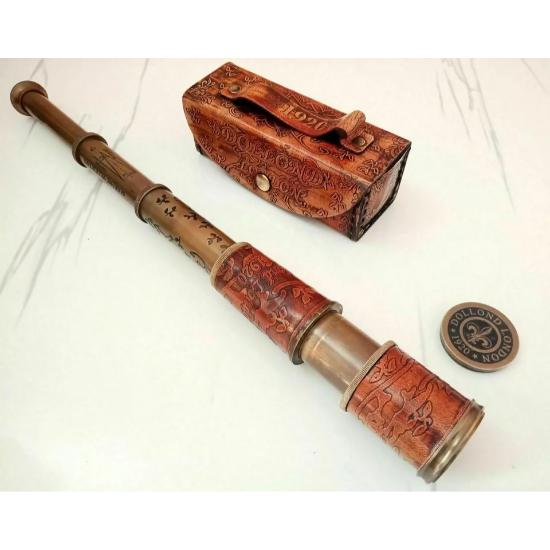 Telescop din alamă antică, lunetă marină nautică, din piele, de epocă