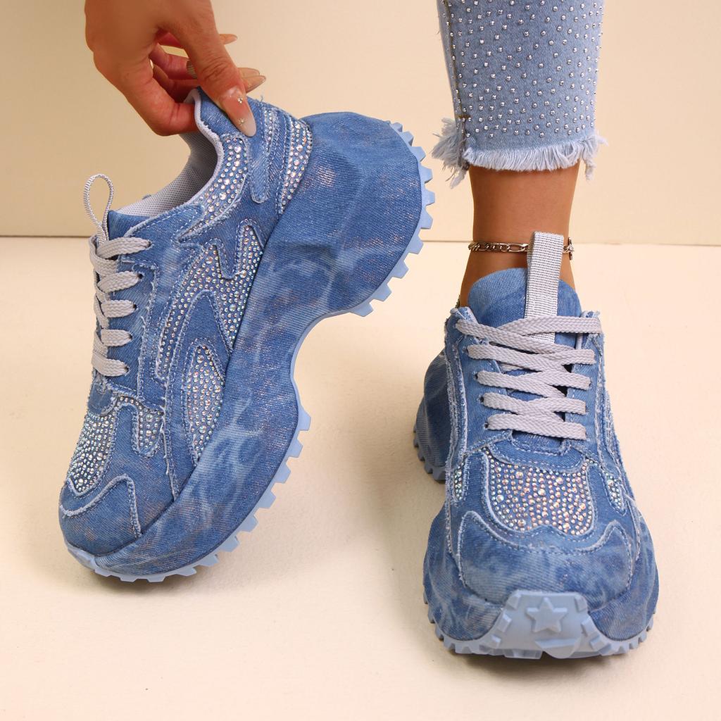 2025 Autumn New Foreign Trade Large Size European Goods Heavy Industry Washed Denim Rhinestone Platform Casual Sports Dad Shoes