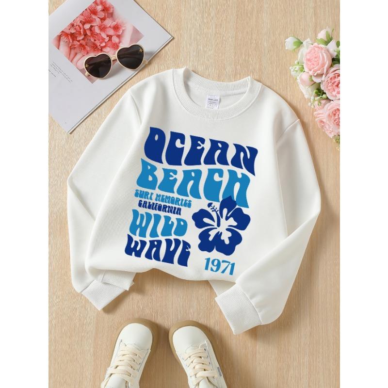 European Sizes Girls' Round Neck Fashion Sweatshirt, Ocean Beach Surf Memories California, Autumn Winter Trendy Print, Casual And Sporty.