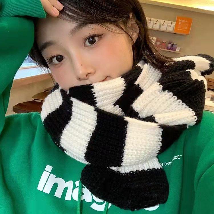 Women's Korean Style Blue Striped Knitted Scarf Autumn Winter Student Warm Versatile Neck-protecting Neck Warmer