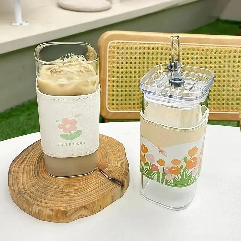 2 Stück Quadratische Hitzebeständige Kaffee-Glasbecher mit Deckel und Strohhalm Transparente Milch Tee Saft Tassen Kaffeebecher für Zuhause Bar Trinkgeschirr