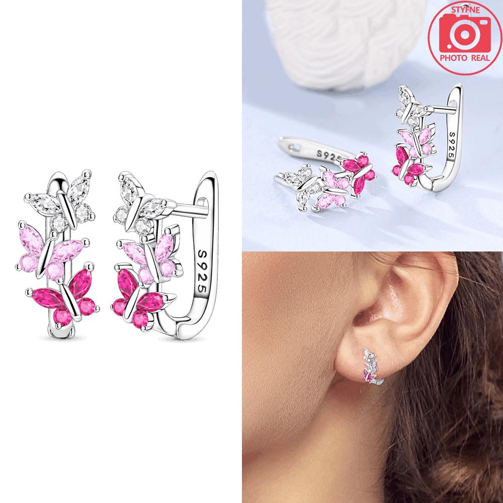 

Earrings 925 Silver Pink Butterfly Earrings Heart Zircon Stones Women Fine Gifts Earrings Jewelry Women s Accessories