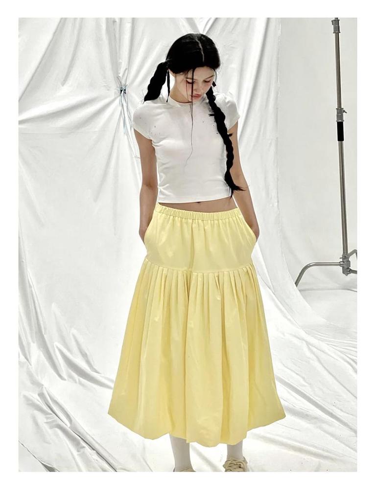 Women's High Waist White Midi Skirt: Slimming A-Line with Pockets for Spring-Summer.