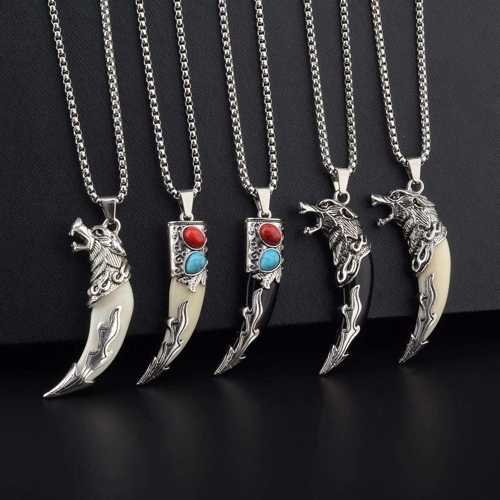 Men's Tibetan Faux Wolf Tooth Pendant Necklace, Titanium Steel Chain, Nepalese Style