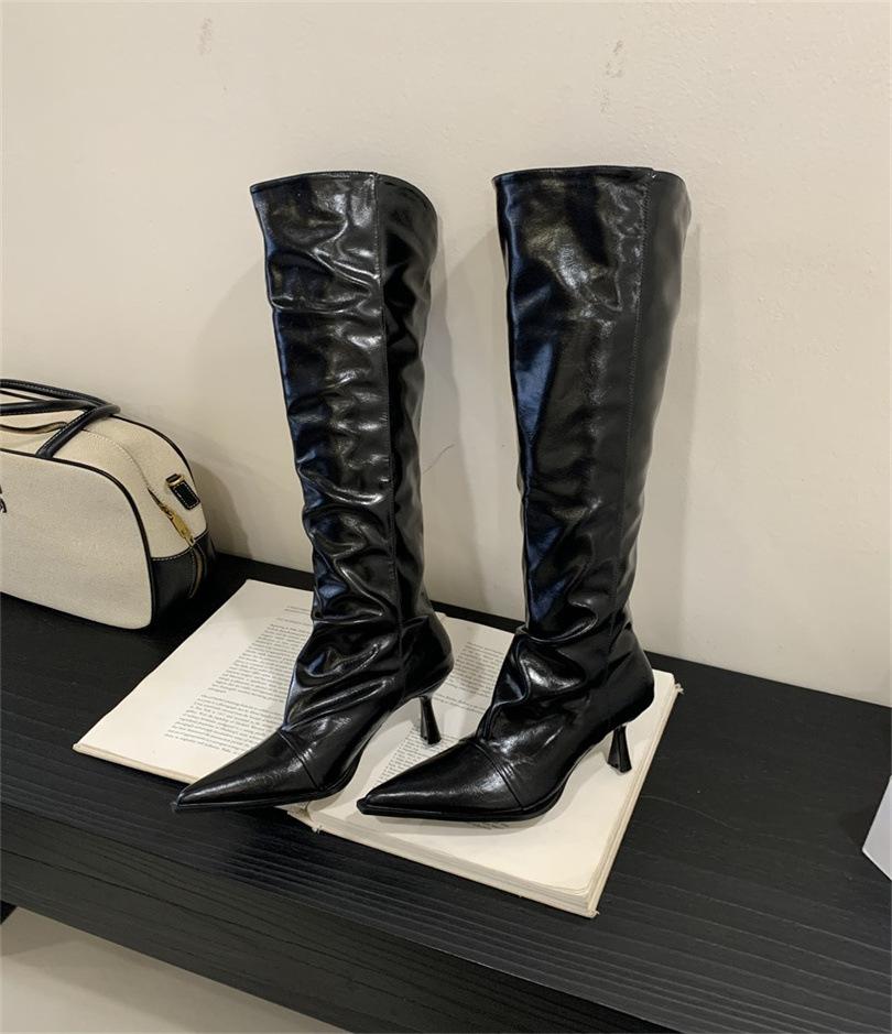 2025 autumn and winter new pleated design black leather boots wear soft leather thin knight boots women