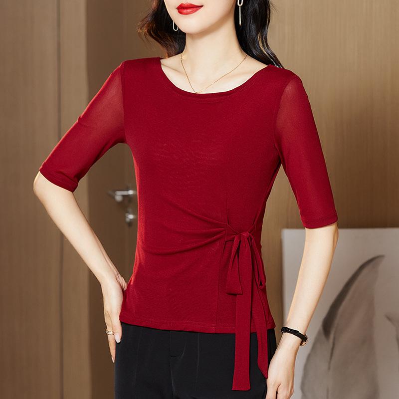 Damen Leopardenmuster Mesh Top mit halblangen Ärmeln und Taillengürtel - Sommer 2024 Kollektion