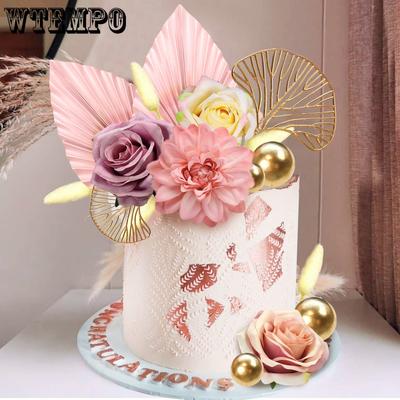 12pcs Boho Cake Topper Flower Cake Topper Pink Palm Leaves Cake Decorations with Artificial Rose Ginkgo Leaves and Balls