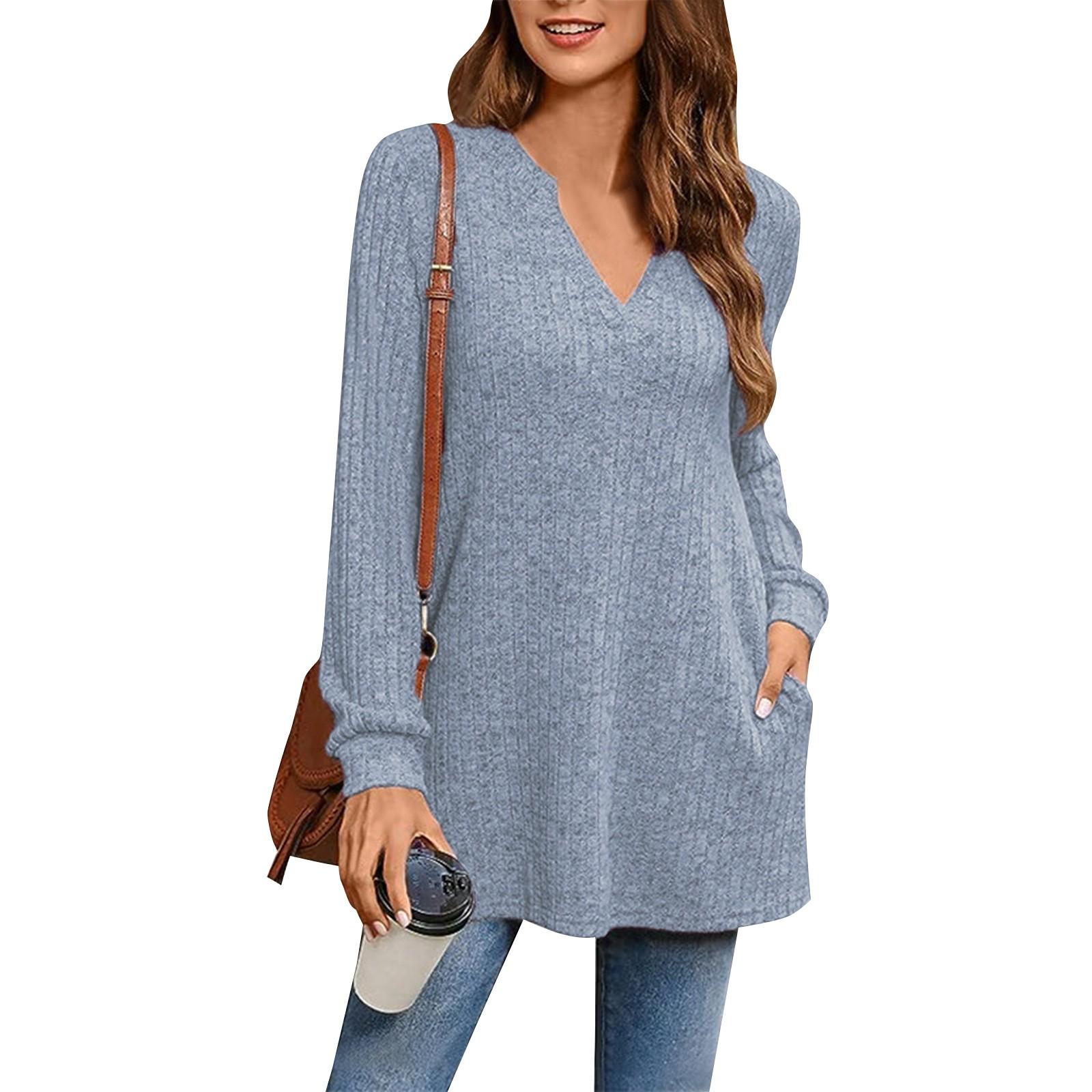 

Женская мода повседневная однотонная трикотажная кофта с длинным рукавом и боковыми разрезами, свободный топ с карманом XL синий