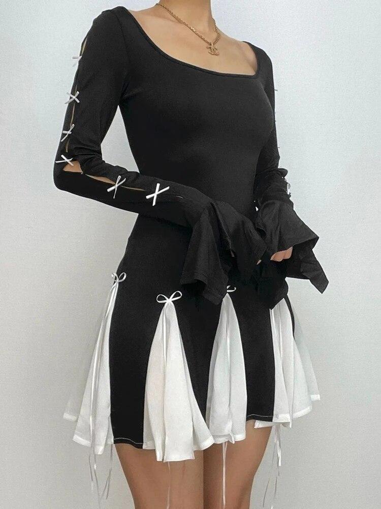 Koronkowa sukienka z wysokim stanem dla kobiet z zakładkami Splice Bodycon Mini sukienka dziewczęca Street Slim prześwitujące sukienki kobieta jesień