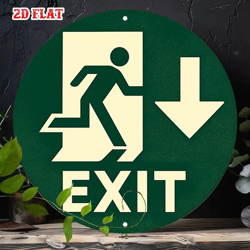 Green EXIT Safety Sign Round Metal Decor Emergency Exit Down Arrow Vintage Style Wall Art