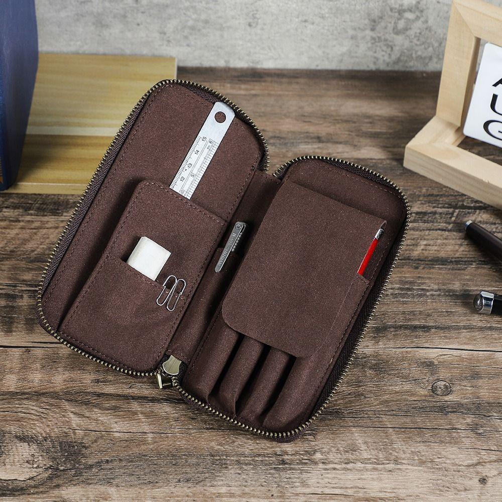 Vintage Style Genuine Leather Pencil Case 4 Slots Design Pen Case Pencil Bag Office Supplies