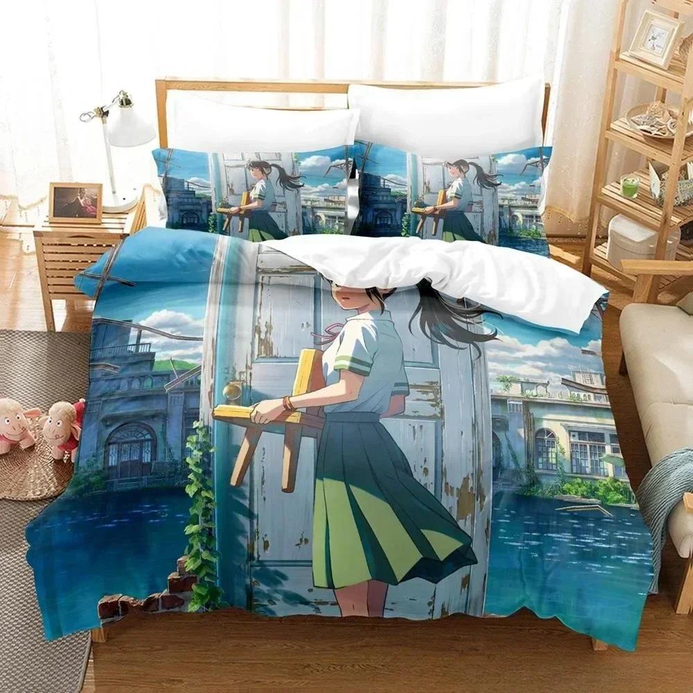 Nytt 3D-tryckt Anime Suzume no Tojimari Sängklädesset Enkelt Twin Full Queen King Size Sängset Vuxen Barn Sovrum Påslakan Set