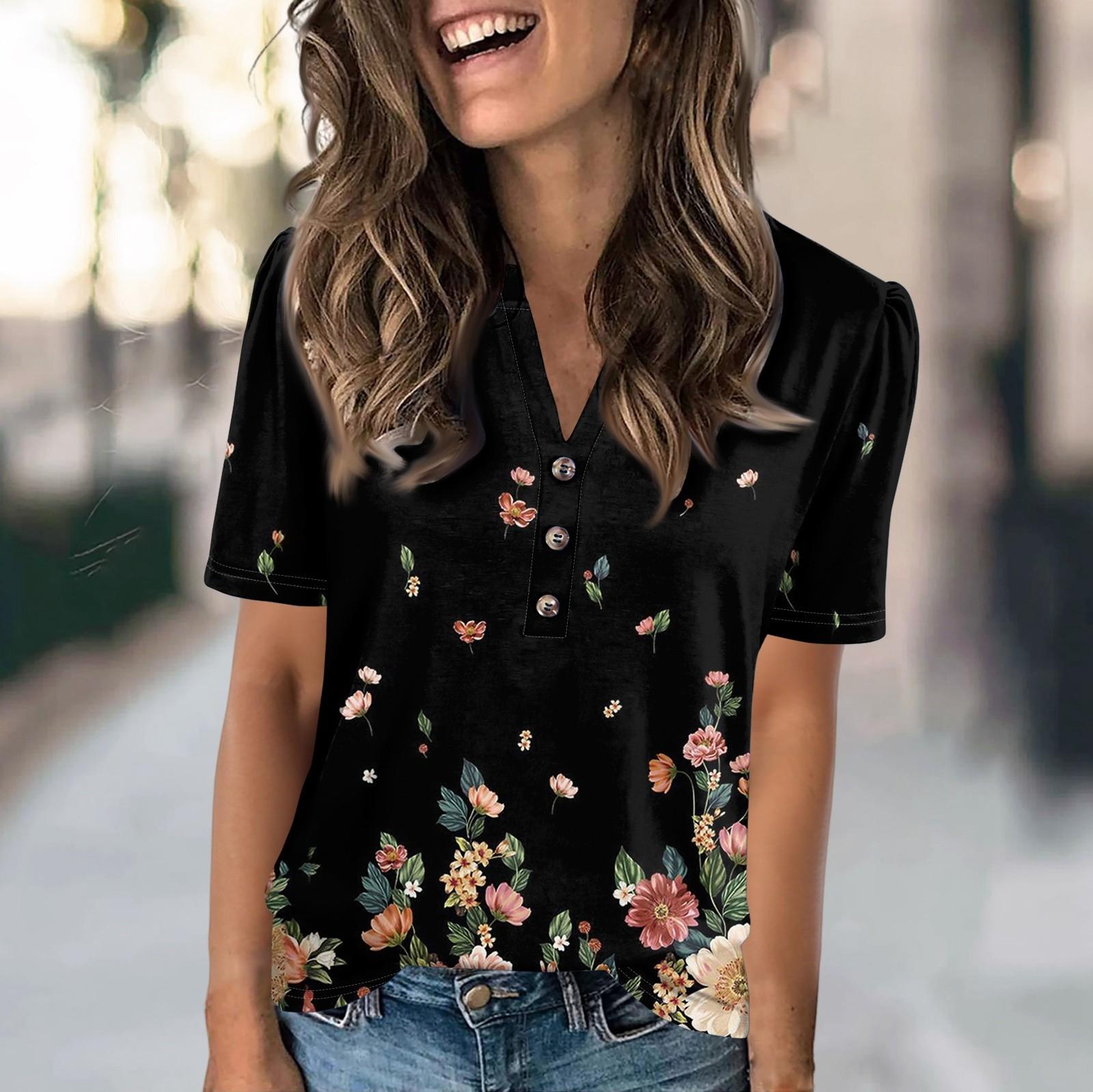 

Женская модная повседневная футболка с цветочным принтом, V-образным вырезом, коротким рукавом, на пуговицах XXL киноварь