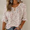 Women's Round Neck Tie Front Leaf Print 3/4 Ruffle Sleeve Blouse Dating Office Daily Spring Summer Tops