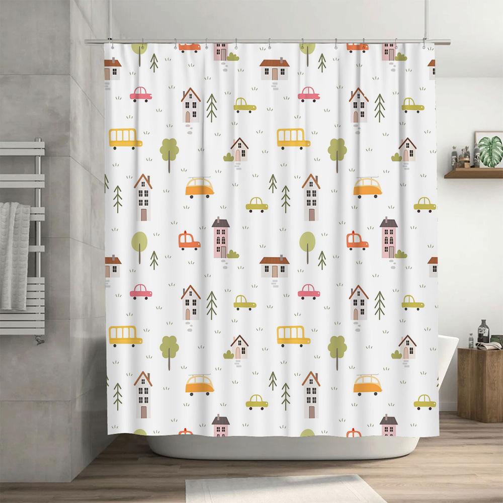 Decorative Shower Curtain with Cartoon Print Cute Cars and Houses Pattern for Bathrooms White Fabric Waterproof