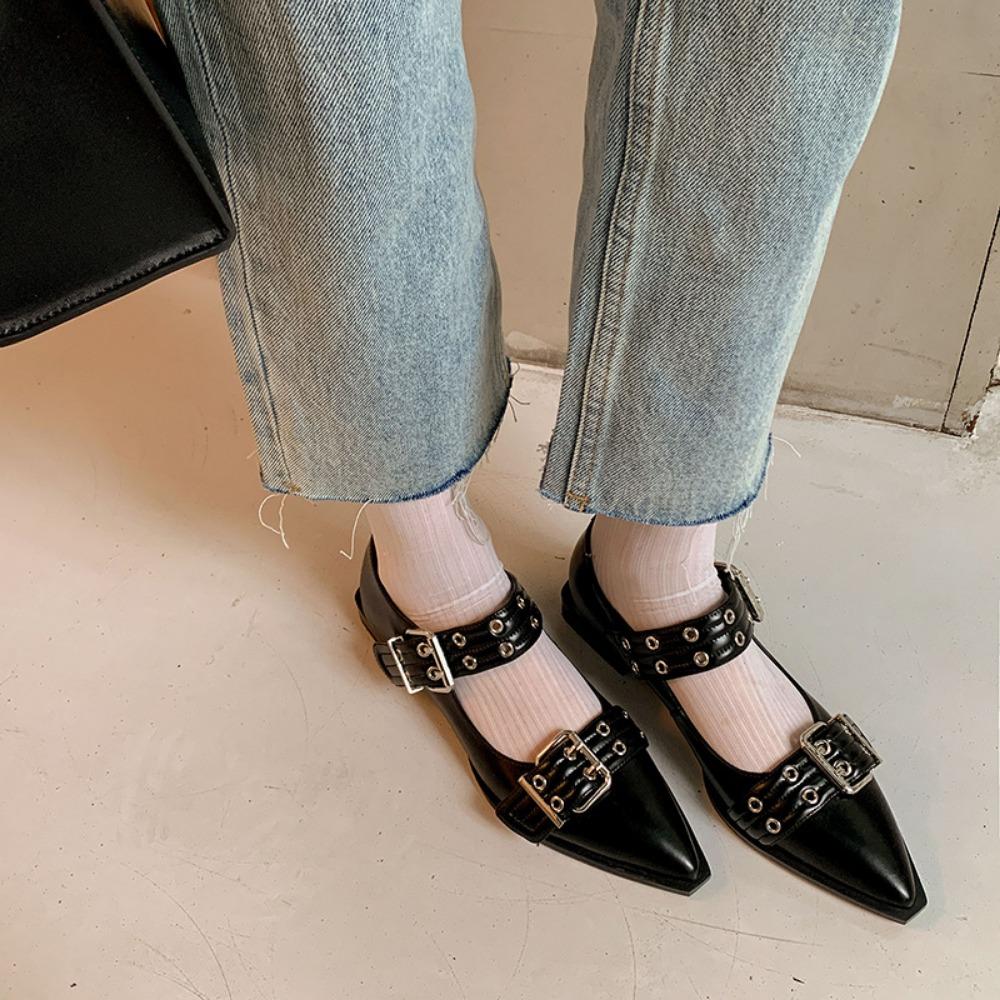 Fashion Women's Double Button Fashionable Flat Shoes, Rivet High Heels 2025 Fashionable Buckle Pointed Women's Flat Shoes