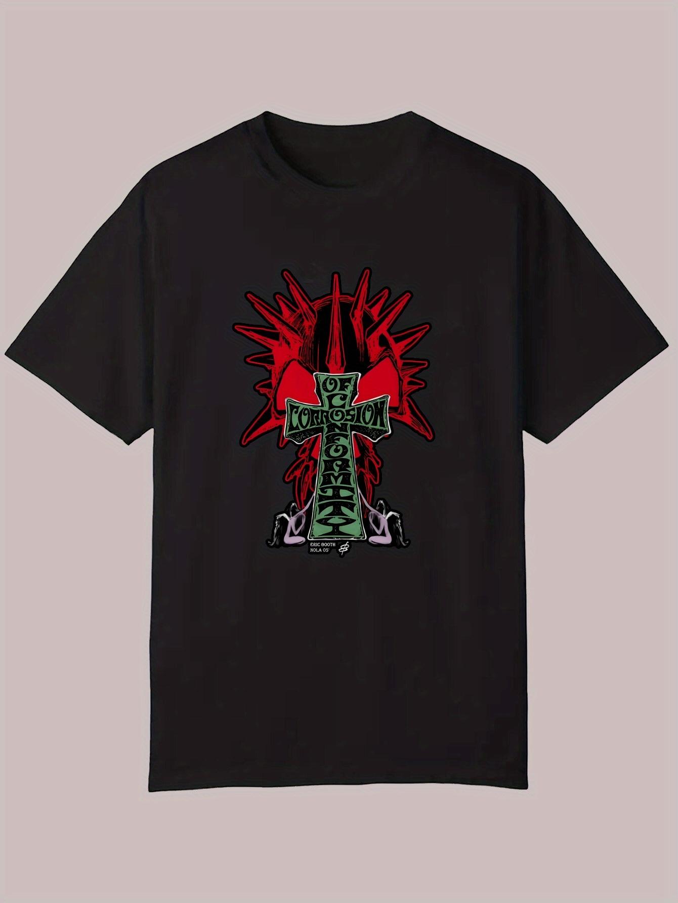 Summer Graphic T-shirt - Black Casual Short Sleeve Round Neck Tee with Bold Cross & Flame Design XL