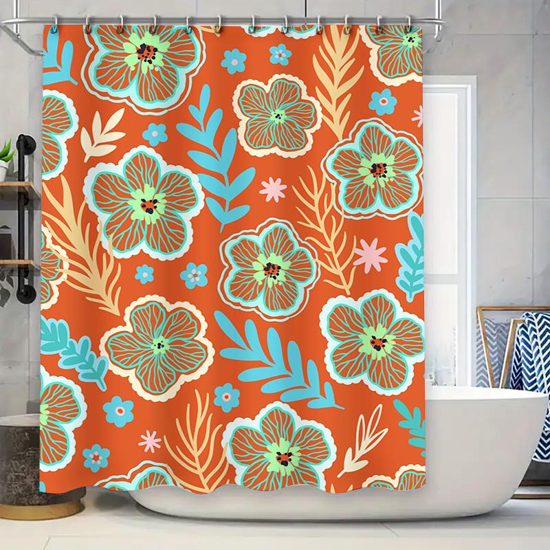 Rustic Floral Shower Curtain Orange Blue Print Bath Decor Fabric Waterproof Home Decoration 72x84 In (180X213 CM)