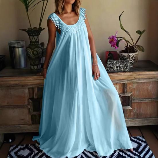 Women Casual Maxi Dress Boho Tassels Sleeveless Crew Neck Beach Sundress Summer Flowy Cocktail Party Dress