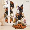 Women Plus Size 2 Piece Outfits Short Sleeve Open Cardigan V Neck Strappy Flared Dress Halloween Raccoon Printed White