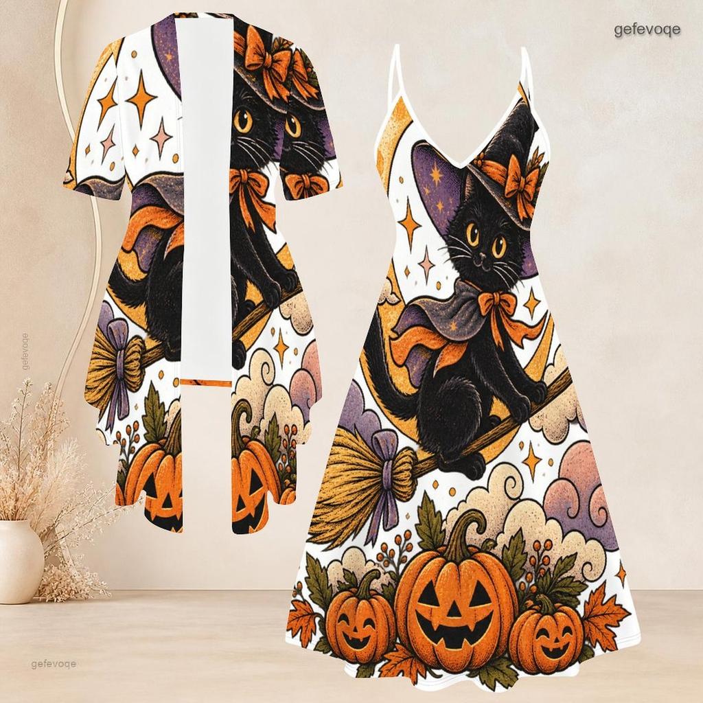 Women Plus Size 2 Piece Outfits Short Sleeve Open Cardigan V Neck Strappy Flared Dress Halloween Raccoon Printed White