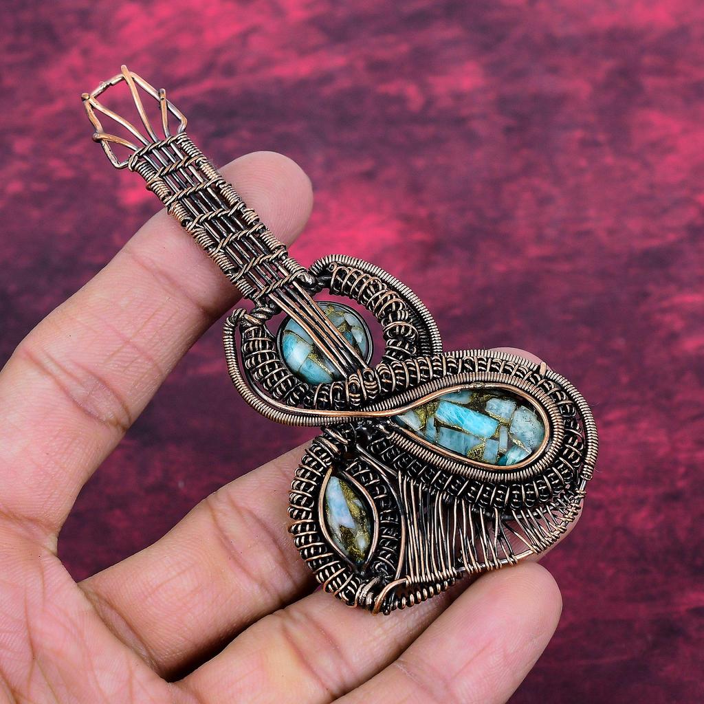 Copper Amazonite Gemstone Pendant Handmade Copper Wire Wrapped Guitar Pendant