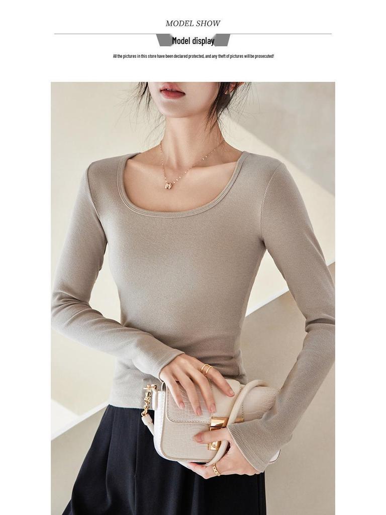 Women's Modal Low-Neck Backless Slim Fit Long-Sleeve Plus Velvet Tee for Autumn and Winter