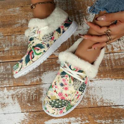 European American Christmas Printed Cotton Shoes 2024 Winter Lace Up and Plush Flat Bottomed Oversized Warm Low Top Casual Shoes
