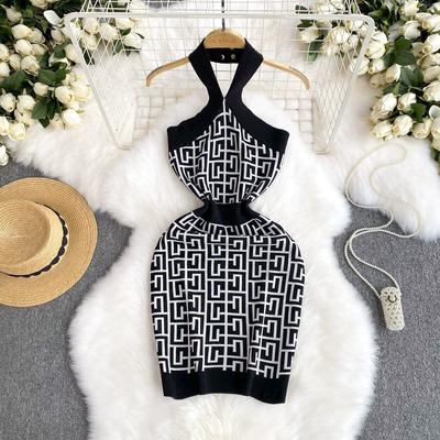 Sommer Frauen Marke Designer Sexy Halter Mini Kurze Strick Pullover Mantel Club Party Kleider