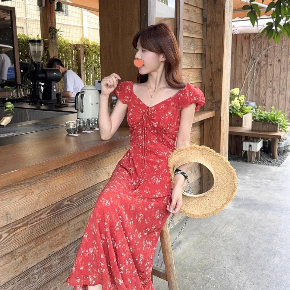 Gentle floral French high-end dress women's summer temperament waist pure desire wind seaside vacation super fairy long skirt