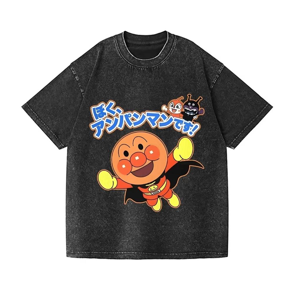 

Anpanman Vintage Wash Japanese Design Cotton Tshirt Unisex Highquality Streetwear Men Summer New Shortsleeved top M