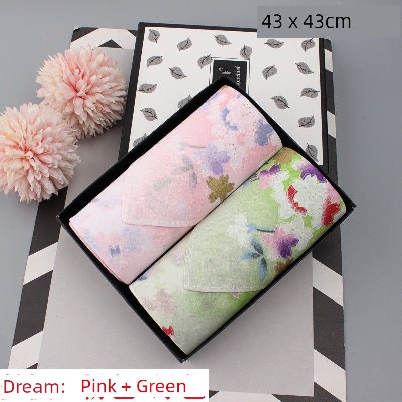 

Women s Big Flower Pure Cotton Print Handkerchief Cotton Old-Fashioned Soft Sweat-Absorbent Handkerchief Retro Cotton Soft Small Square Towel Gift Box Dream Sakura: pink + Green