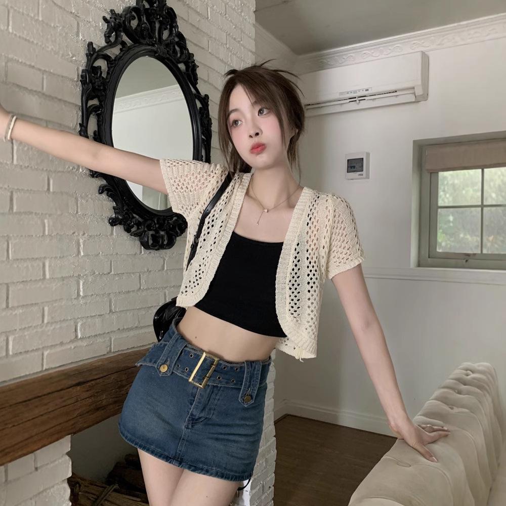 Luftige Häkel-Strickjacke: Leichtes, Sonnenschutz, Kurzärmeliges Sommer-Strick-Cover-Up für Damen