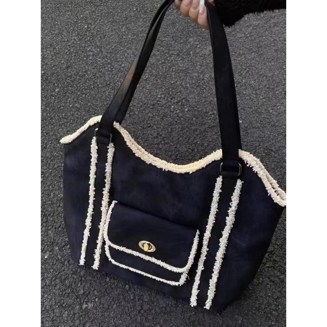

Autumn Winter Lambswool Denim Tote Bag Women Retro Sweet Cool Style Shoulder Bag Ladies Large Capacity Commuter Underarm Bag New 36x27x14cm чорний