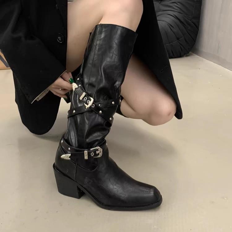 French thick heel belt buckle punk style high boots women's boots 2025 new small pointed long boots knight boots
