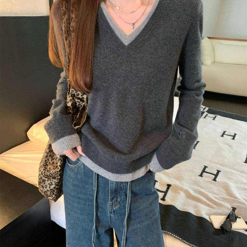 

Жіночий сірий трикотажний светр з V-подібним вирізом, контрастними манжетами, довгим рукавом, повсякденний вільний топ S сірий колір