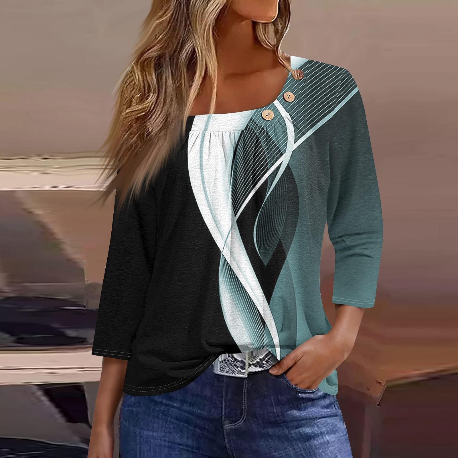 

Women s T Shirt Tee Print Button 3/4 Sleeve Daily Weekend Fashion Basic Regular Top XL