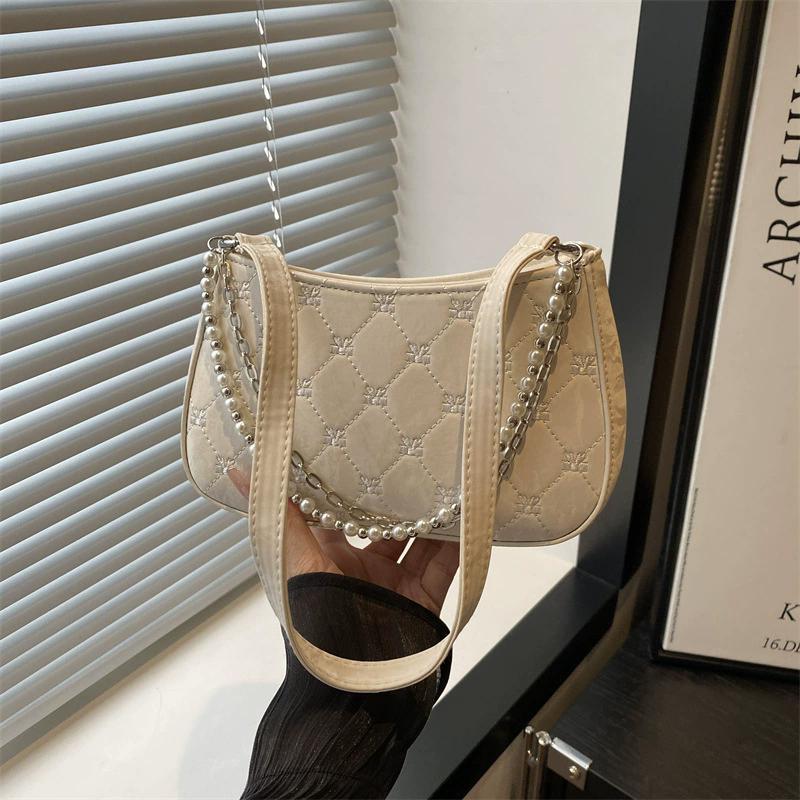 Bow Embroidery Women's Phone Shoulder Bags Thread Design Casual Ladies Underarm Bag Portable Pearl Chain Handbags Purse