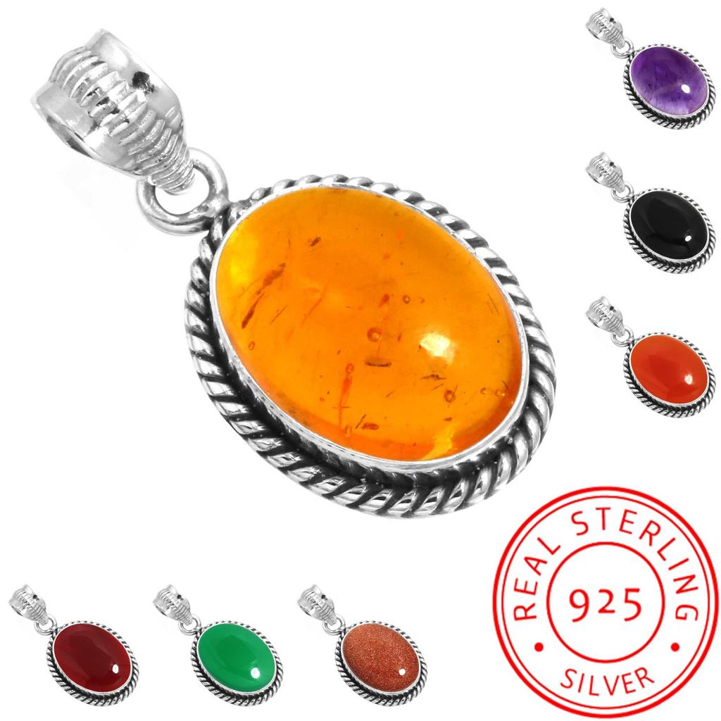 925 Sterling Silver Pendant Women Gemstone Handmade Jewelry Halloween Gift Amber Amethyst Black Onyx Carnelian Garnet Quartz Green Onyx Gold Stone