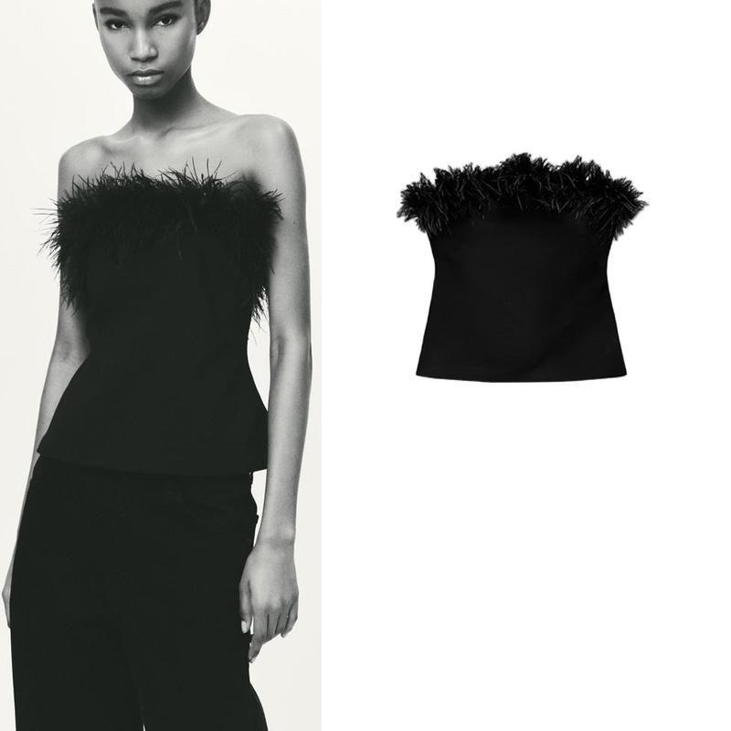 Fall and Winter New Arrival Women's Clothing New Year Party Banquet Easiest for Match Dress Feather Decoration Tube Top Tops 4772103
