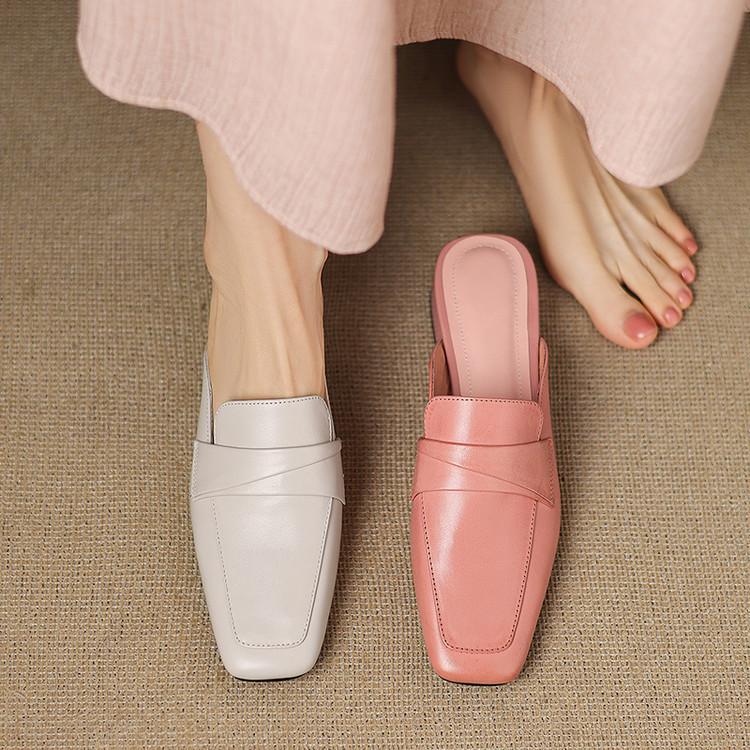 Low-heeled baotou half slippers genuine leather women's summer wear 2025 new Internet celebrity European French Muller cool slippers