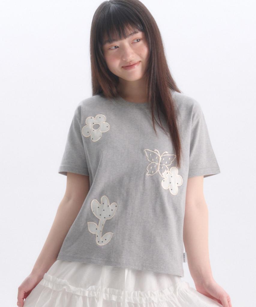 AMBLER See-Through Flower Embroidered Short Sleeve T-Shirt As1305 (Melange)