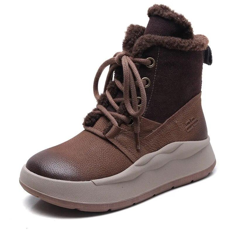 Johnature Genuine Leather Thick Soled Autumn Winter Plush Warm Cotton Boots Round Toe Versatile Retro Short Boots