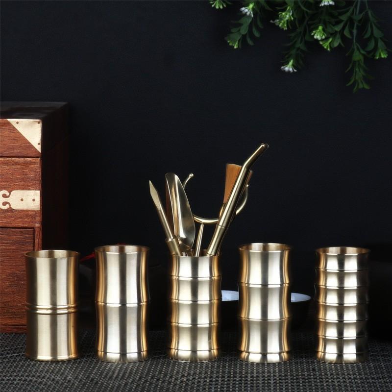 Brass Tea Ceremony Set With Tongs Pick Scoop Brush Holder - 6-Piece Gourmet Tools In Gift Box