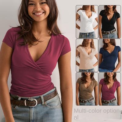 T-shirt d'été Y2K Spice Girls à col en V pour femme, coupe slim, manches courtes, couleur unie, haut tendance