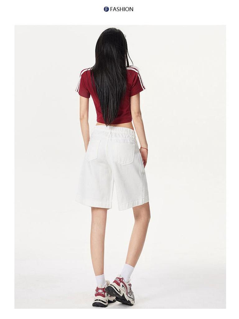 Retro Spicy Girl Elastic Waist Five-Point Denim Shorts – Women's Summer Mid-Length Wide-Leg Pants