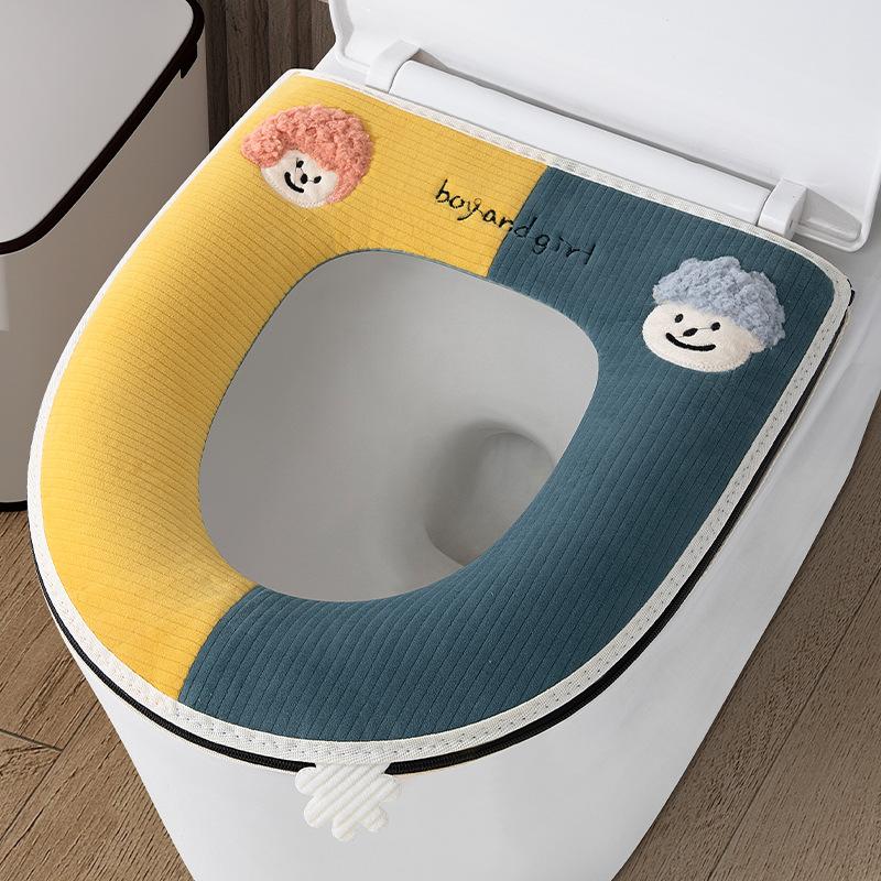 Keep warm in autumn and winter, universal in all seasons, plush thickened toilet seat, high-end household toilet cover синий
