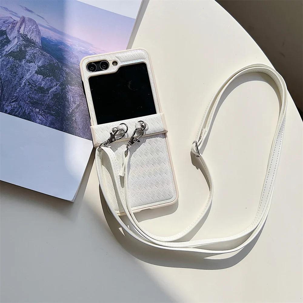 Lanyard Crossbody Weave Leather Phone Case for Samsung Galaxy Z Flip 6 5 4 3 Flip6 Flip5 Flip4 Flip3 5G Protective Cover